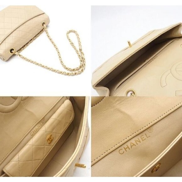 Authentic CHANEL 24K Double Flap Bag Lambskin Quilted Purse Beige with Pouch - Picture 8 of 8